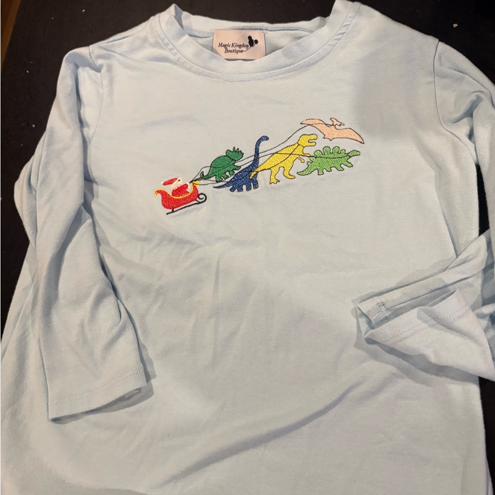 Light Blue Long-Sleeve Dino Sleigh Boutique kids shirt